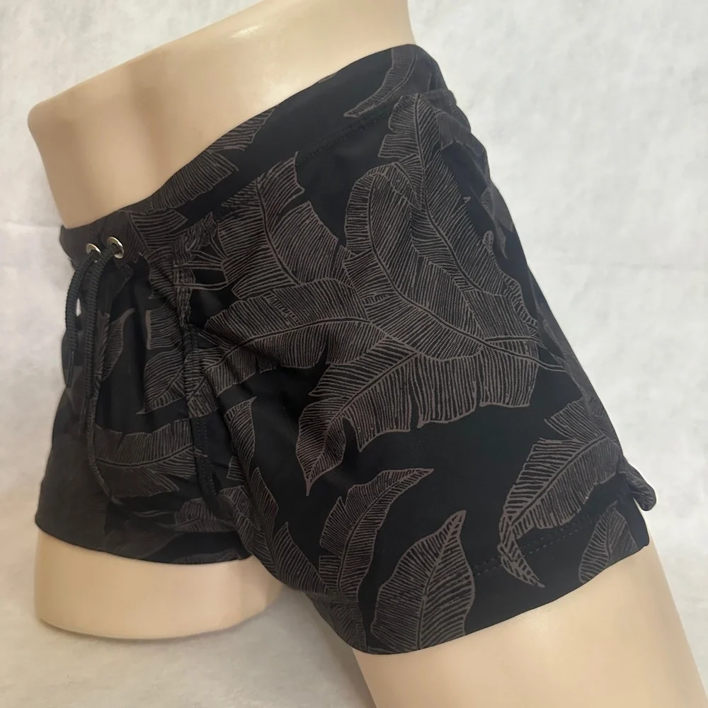 Men's Black Leaf-Print Swim Trunks
